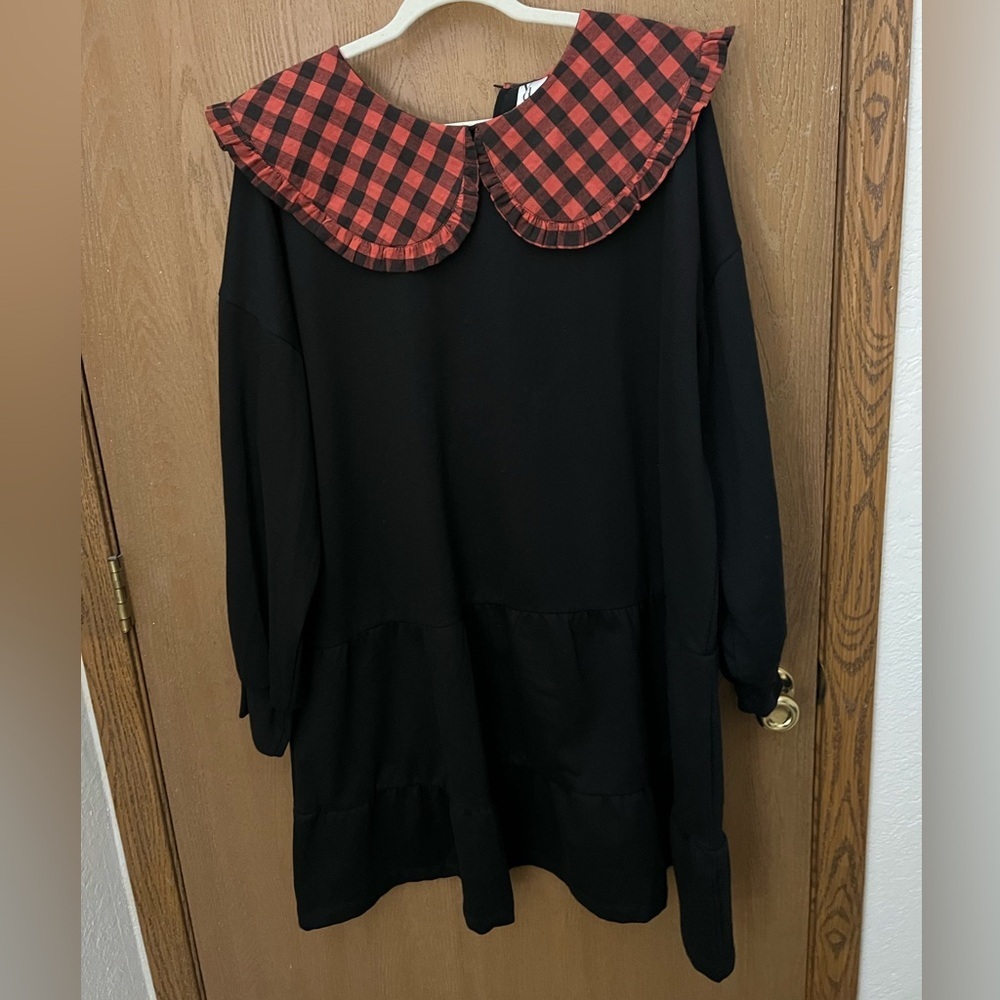 ASOS Curve Black Long Sleeve Dress with Red Plaid Peter Pan Collar